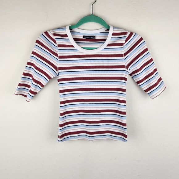 Abercrombie & Fitch Striped Ribbed Elbow Sleeve Tee Red White Blue sz S - Picture 8 of 8
